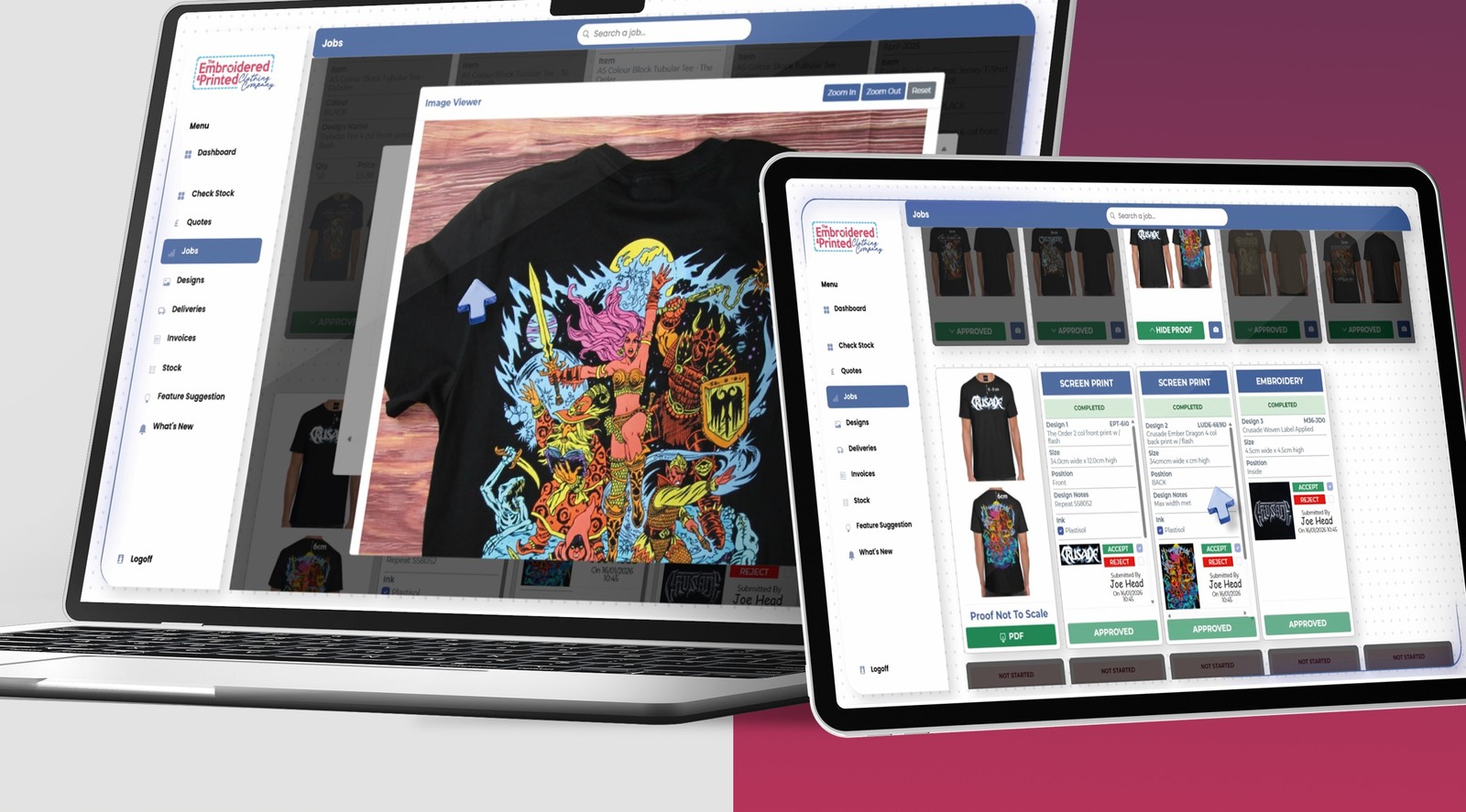 EPCC Client Portal displaying artwork and live order information on laptop and tablet